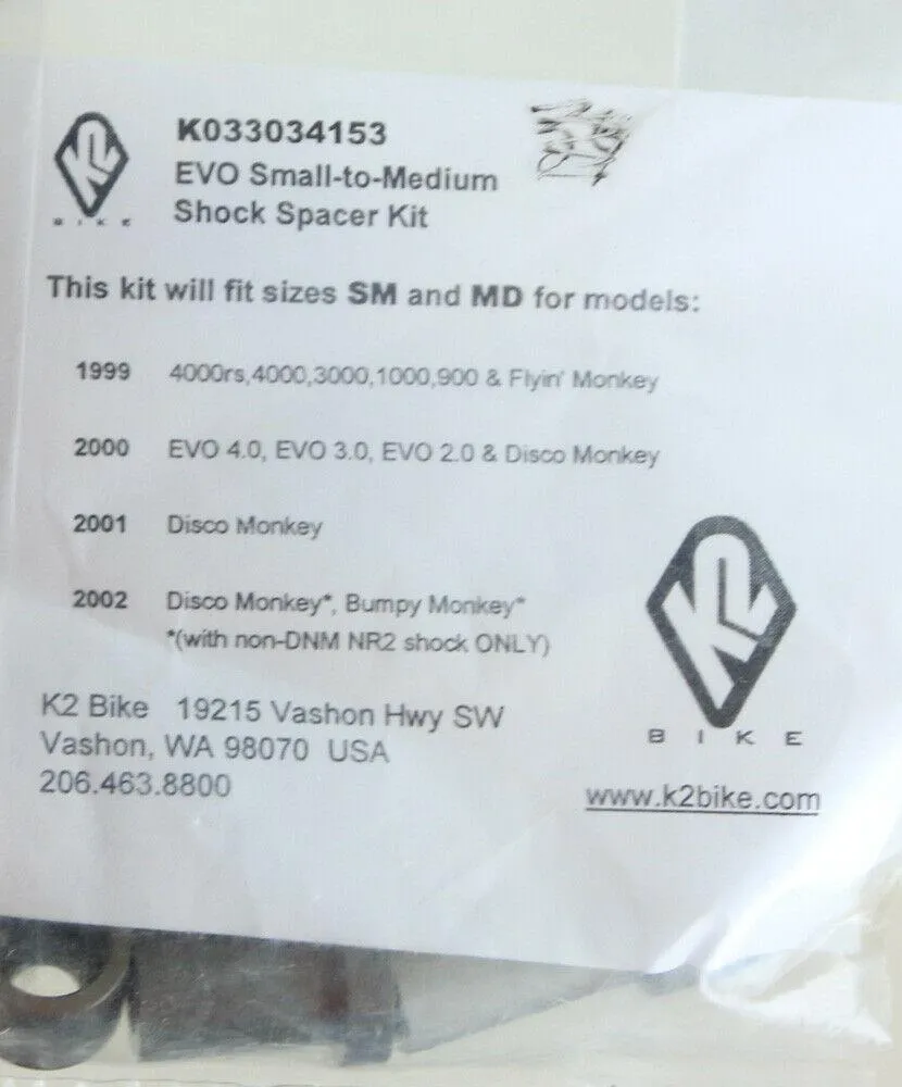 K2 B NOLEEN EVO Small to Medium Shock Spacer Kit NEW