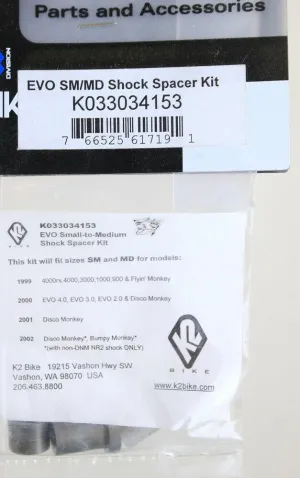 K2 B NOLEEN EVO Small to Medium Shock Spacer Kit NEW